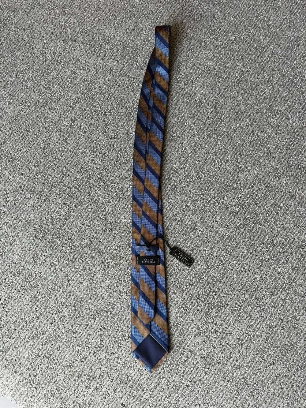 Bruno Piattelli Classic Striped 100% Silk Tie in Blue and Brown NWT - Picture 2 of 3